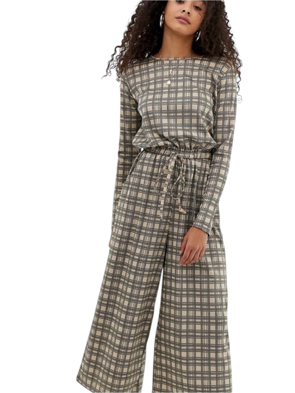 ASOS ~ Romper ~ Beige & Gray ~ Large Plaid ~ Long-Sleeve ~ Elastic Tie Waist - Picture 4 of 4